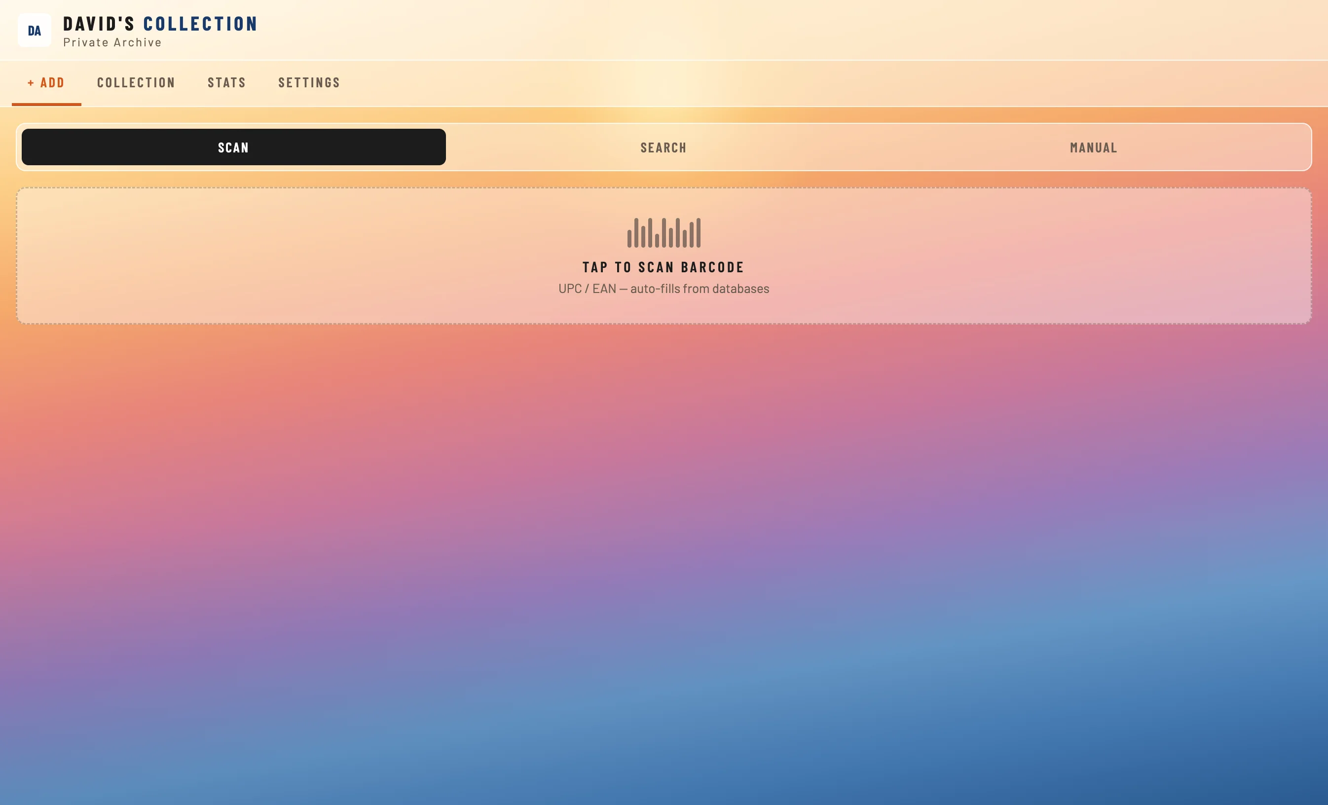 DavidArchive barcode scanning feature for adding CDs and vinyl records