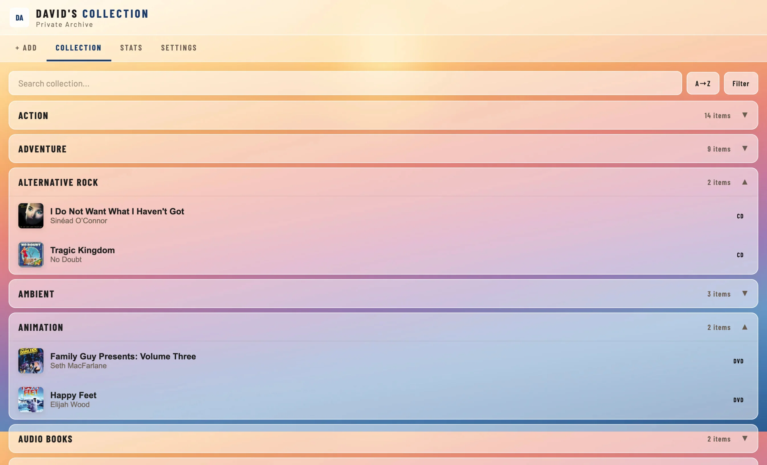 DavidArchive app showing music and DVD collection organized by genre