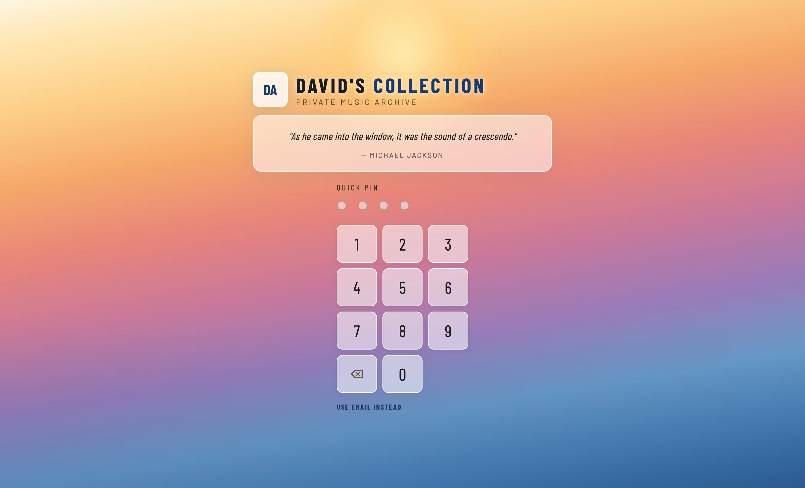 DavidArchive private archive PIN login screen with music quote