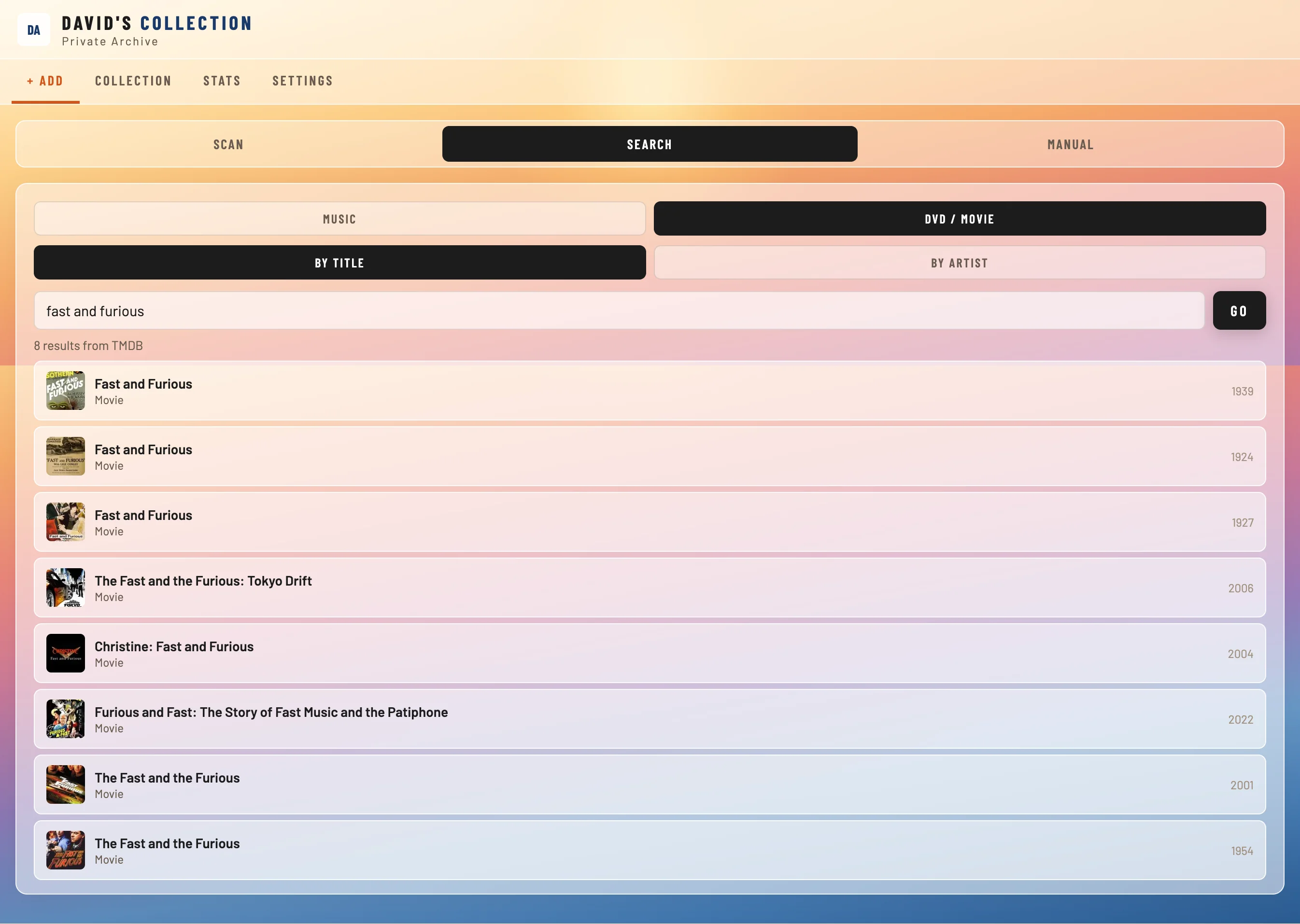DavidArchive search screen for DVD and movie catalog lookup