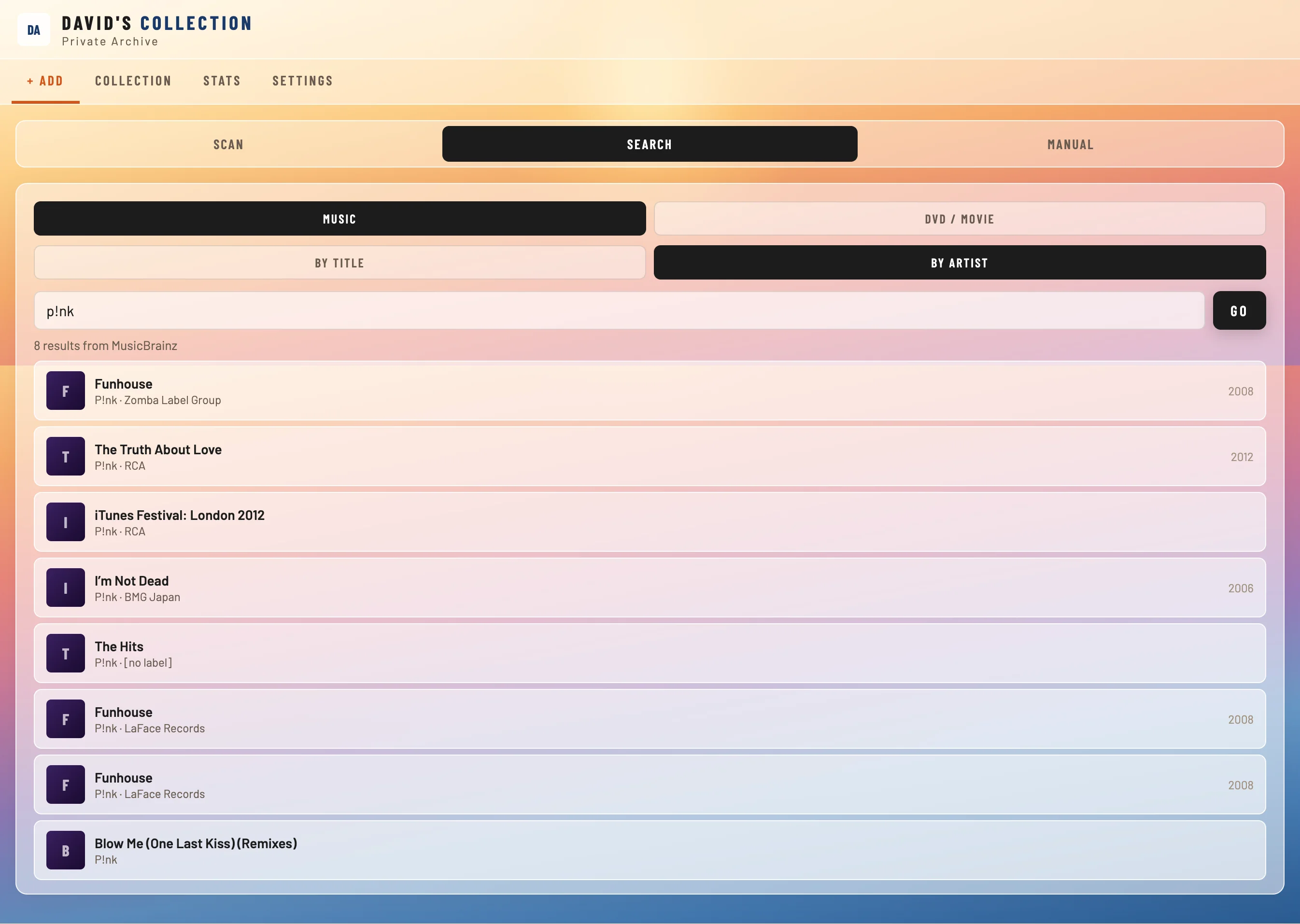 DavidArchive search screen for music by artist, title, or album