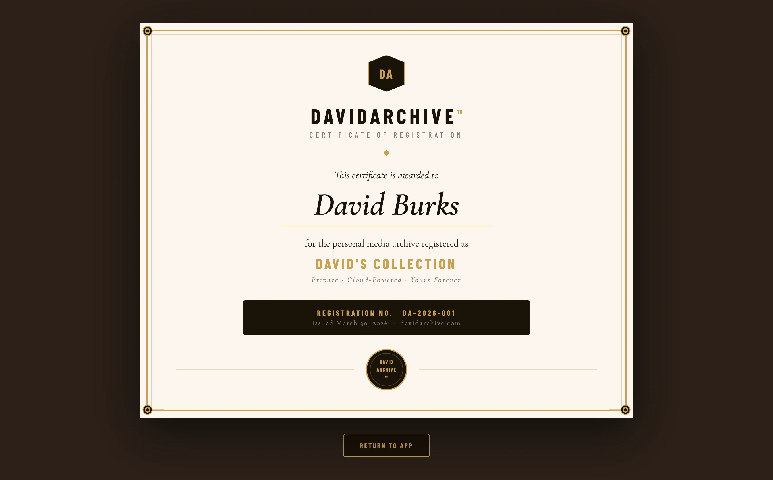 DavidArchive personalized Certificate of Registration for collectors